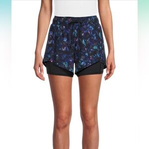 Avía black colorful floral print smocked drawstring waist workout shorts sz M